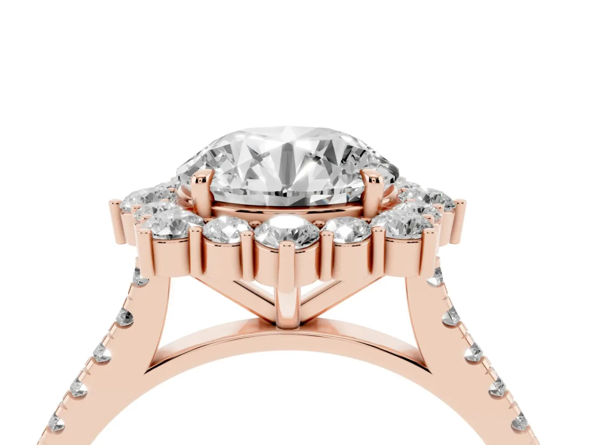 Round Cut Halo Diamond Ring with Pavé Band and Prong Setting Rose gold