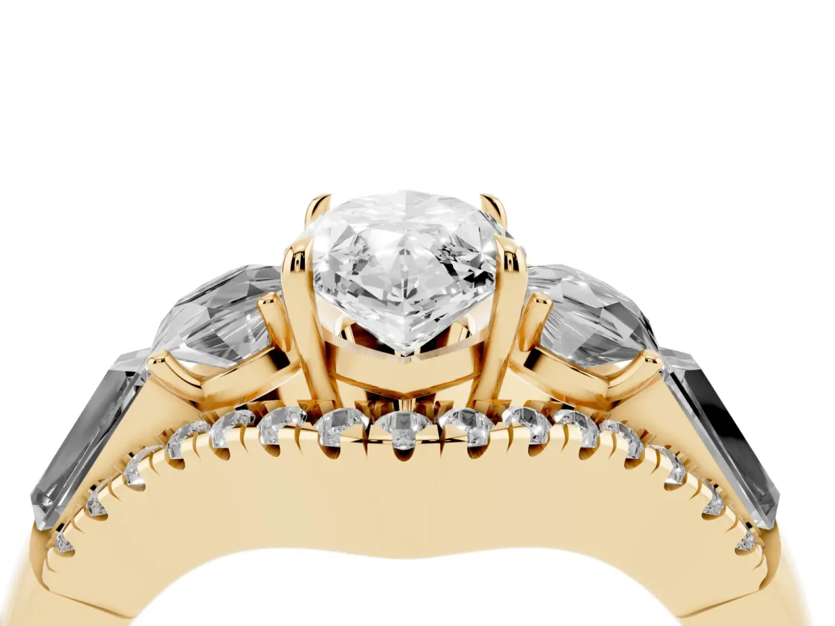 Three-Stone Marquise Cut Diamond Engagement Ring with Pave Band and Prong Setting Yellow gold