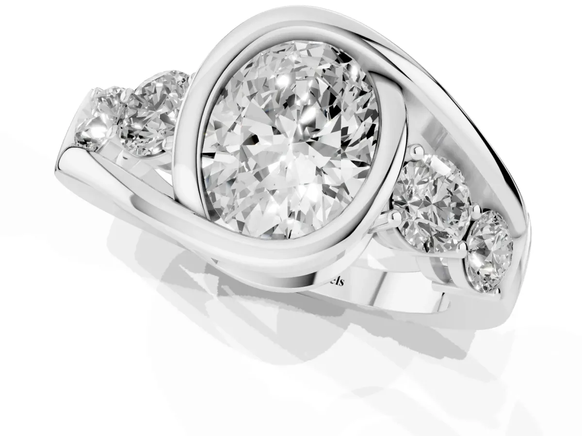Bezel Set Oval Cut Diamond Bypass Ring with Round Accents Platinum