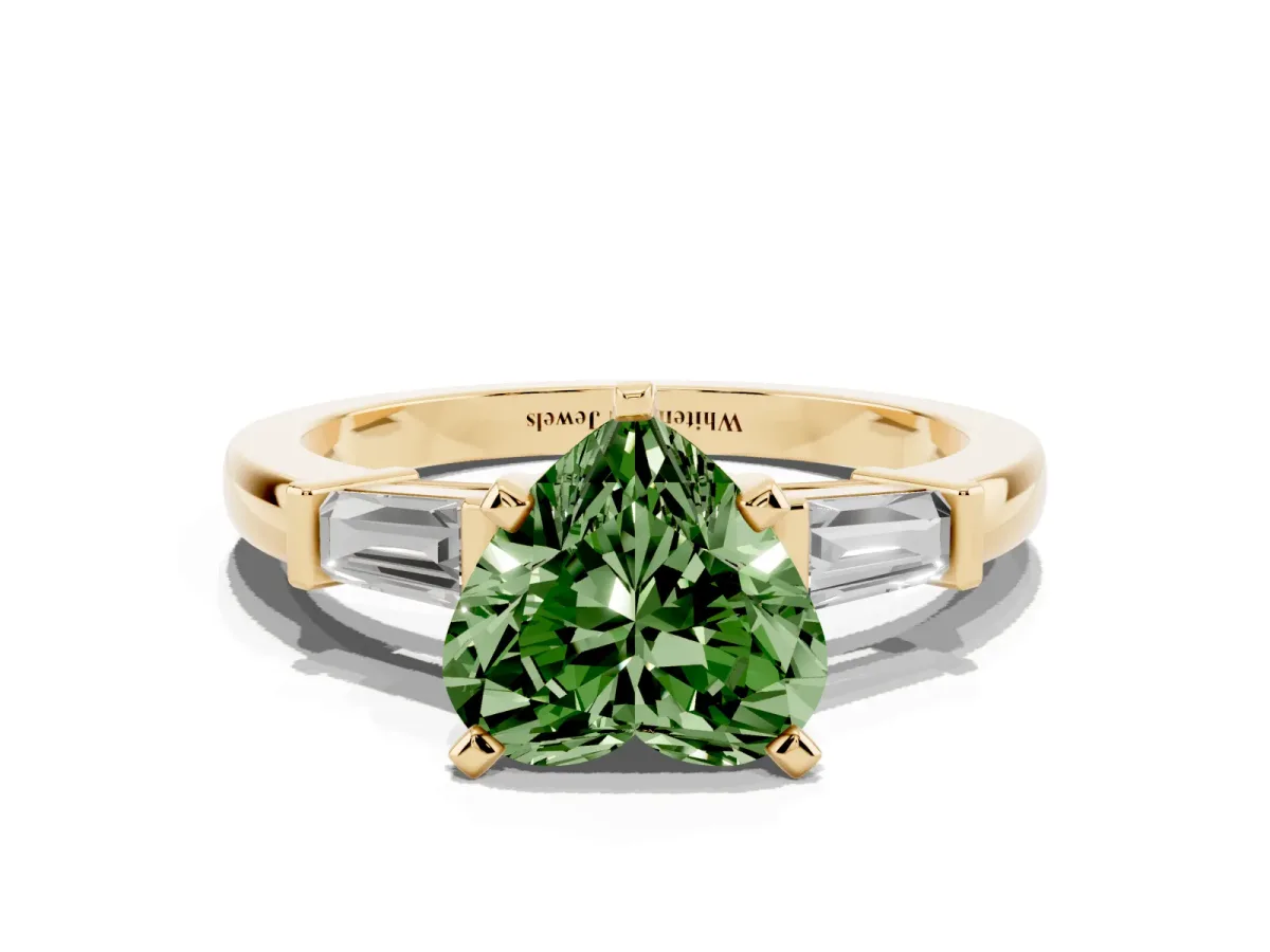Fancy Green Heart Cut Cut Diamond Solitaire Ring with Tapered Baguette Accents and Four-Prong Setting Yellow gold