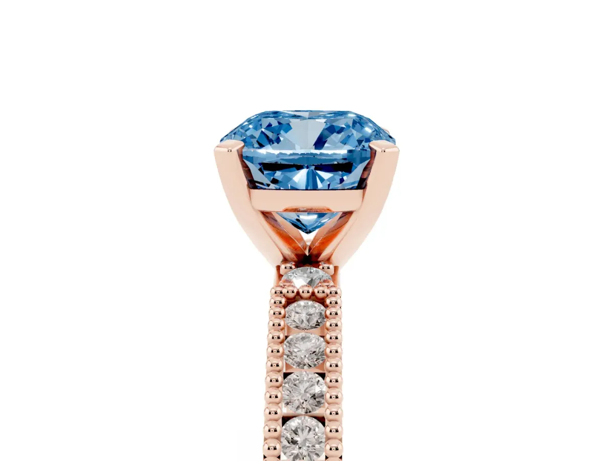 Fancy Blue Cushion Cut Solitaire with Pavé Band and Four-Prong Setting Rose gold