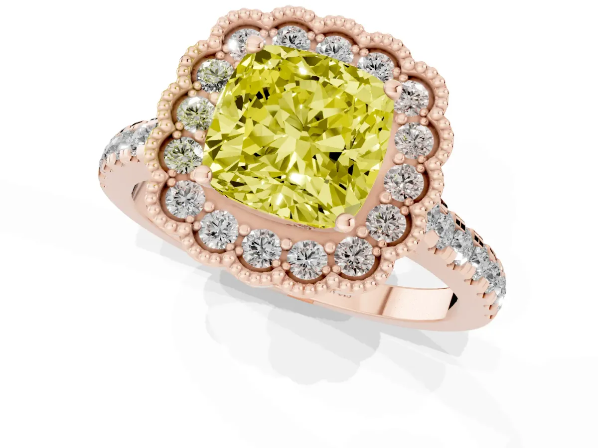 Fancy Yellow Cushion Cut Cut Diamond Milgrain Floral Halo Engagement Ring with Pavé Band Rose gold