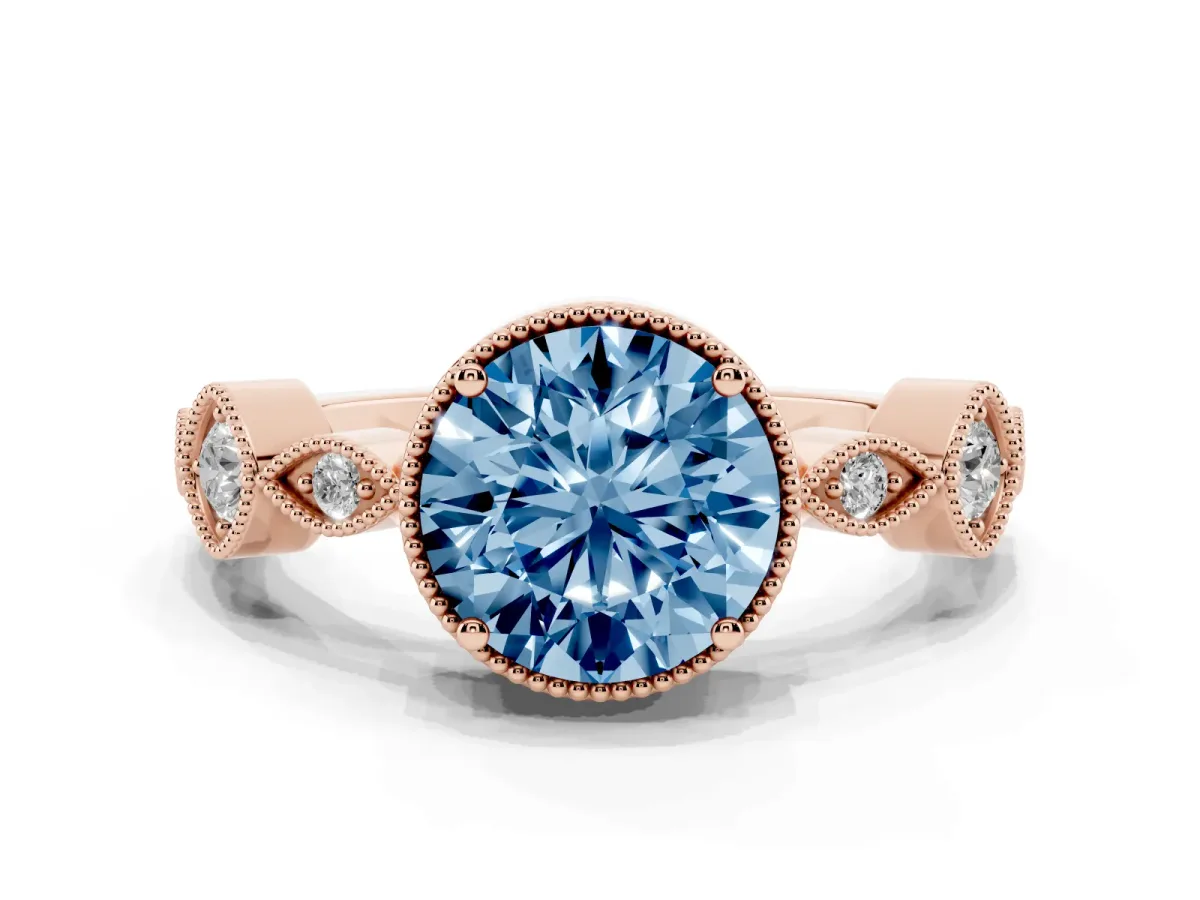 Fancy Blue Round Cut Diamond Vintage Milgrain Ring with Round Stations Rose gold