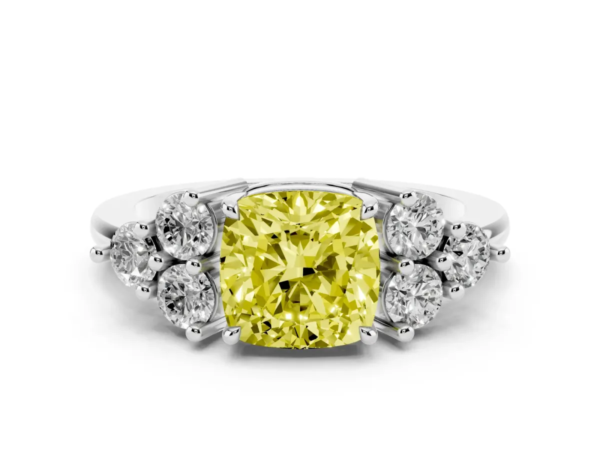 Fancy Yellow Cushion Cut Brilliant Diamond Cluster Accent Solitaire Ring with Prong Setting Silver