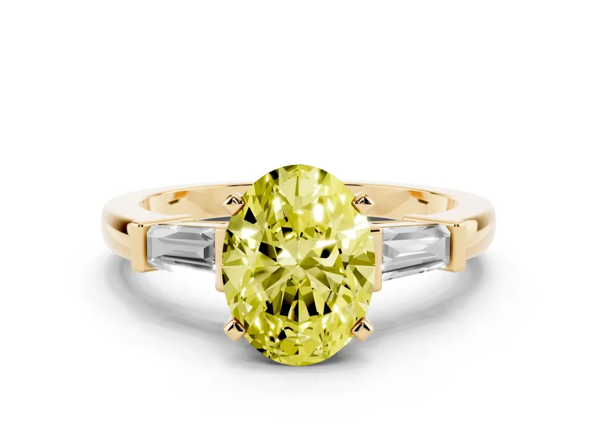 Fancy Yellow Oval Cut Cut Diamond Solitaire Ring with Tapered Baguette Accents and Four-Prong Setting Yellow gold