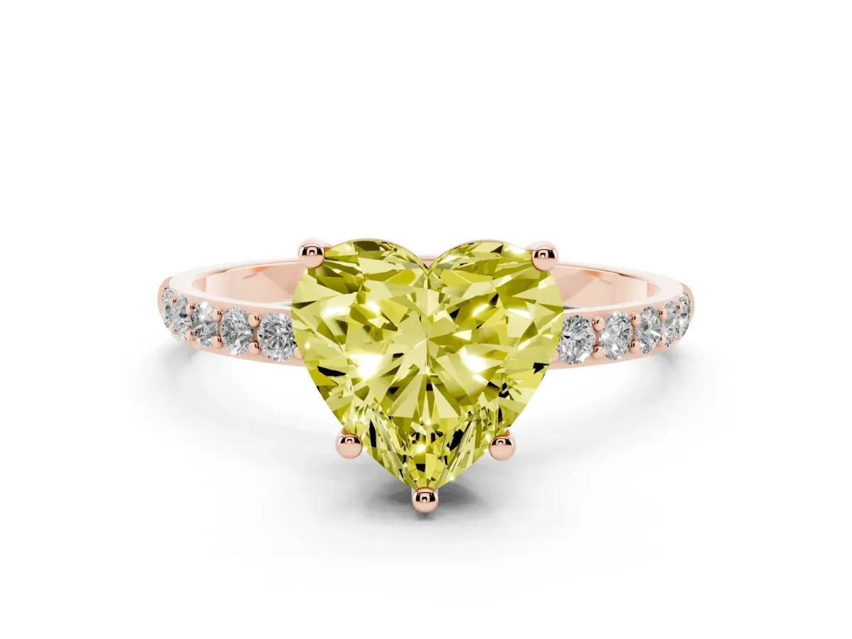 Fancy Yellow Heart Cut Diamond Solitaire Ring with Round Pavé Shoulders and Prong Setting Rose gold