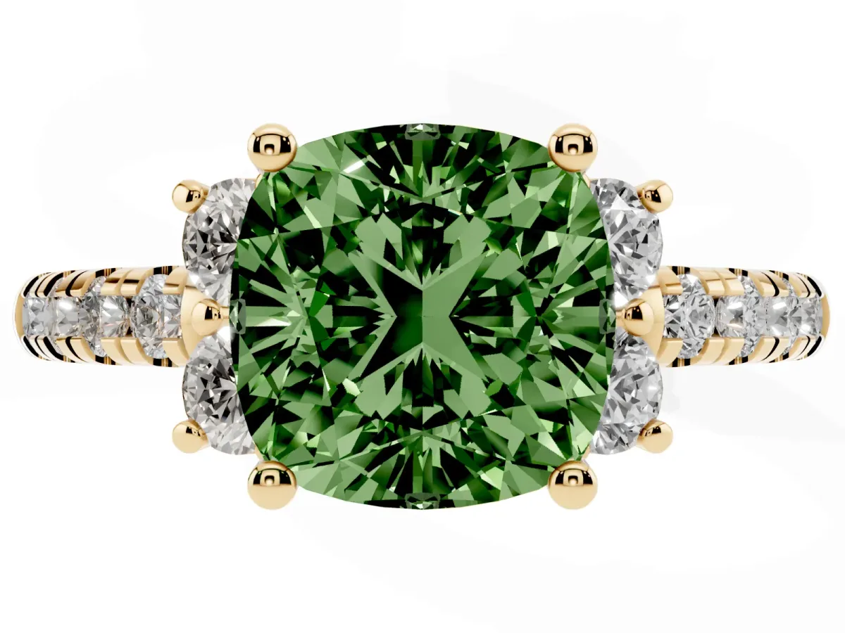 Fancy Green Cushion Cut Diamond Three-Stone Pave Band with Four-Prong Setting Yellow gold