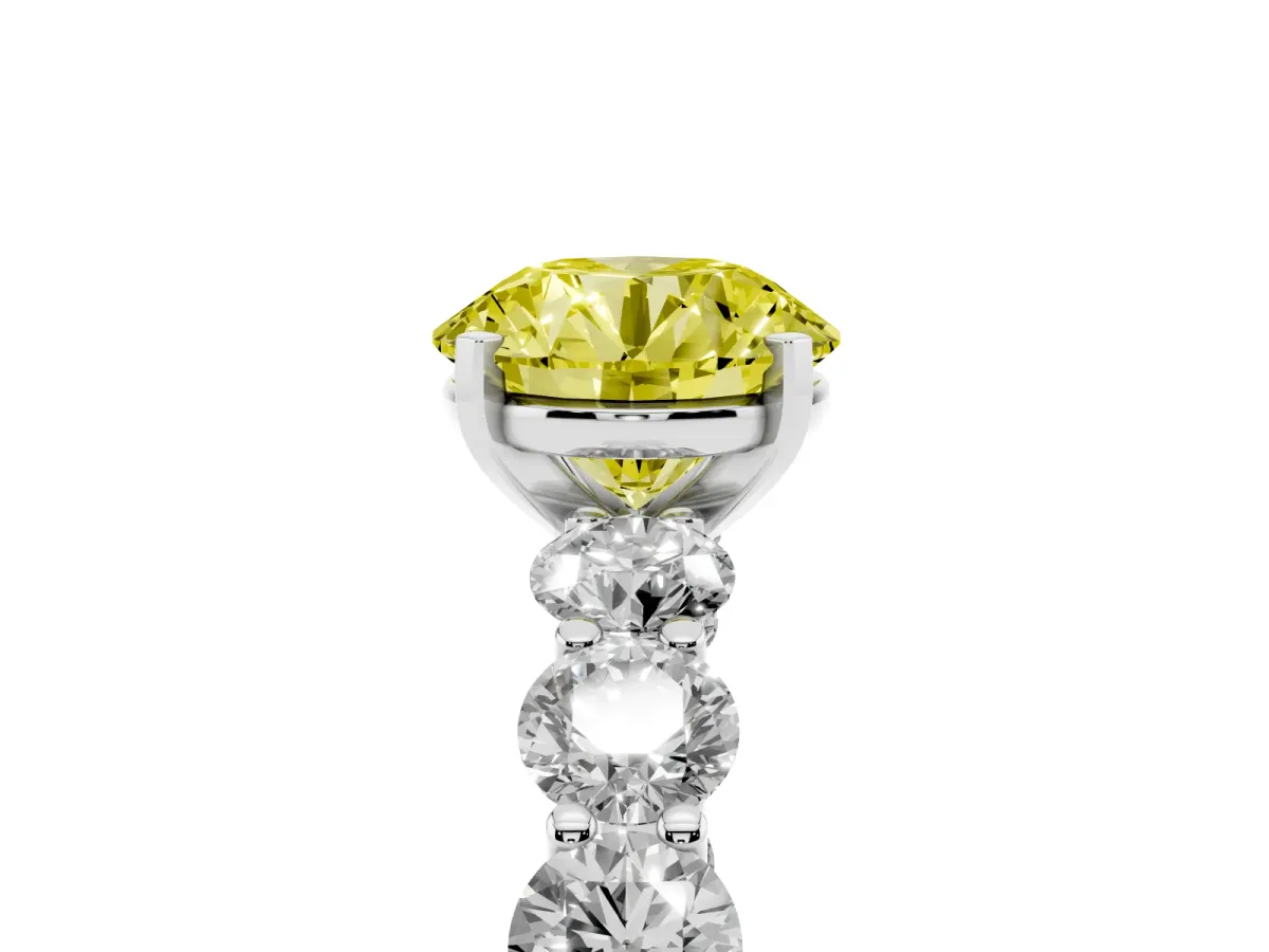 Fancy Yellow Round Cut Diamond Prong Setting with Side Stones on a Pave Band Platinum