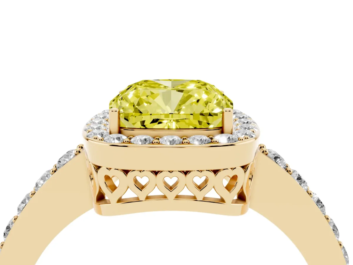 Fancy Yellow Cushion Cut Halo Diamond Pavé Band Ring with Prong Setting Yellow gold