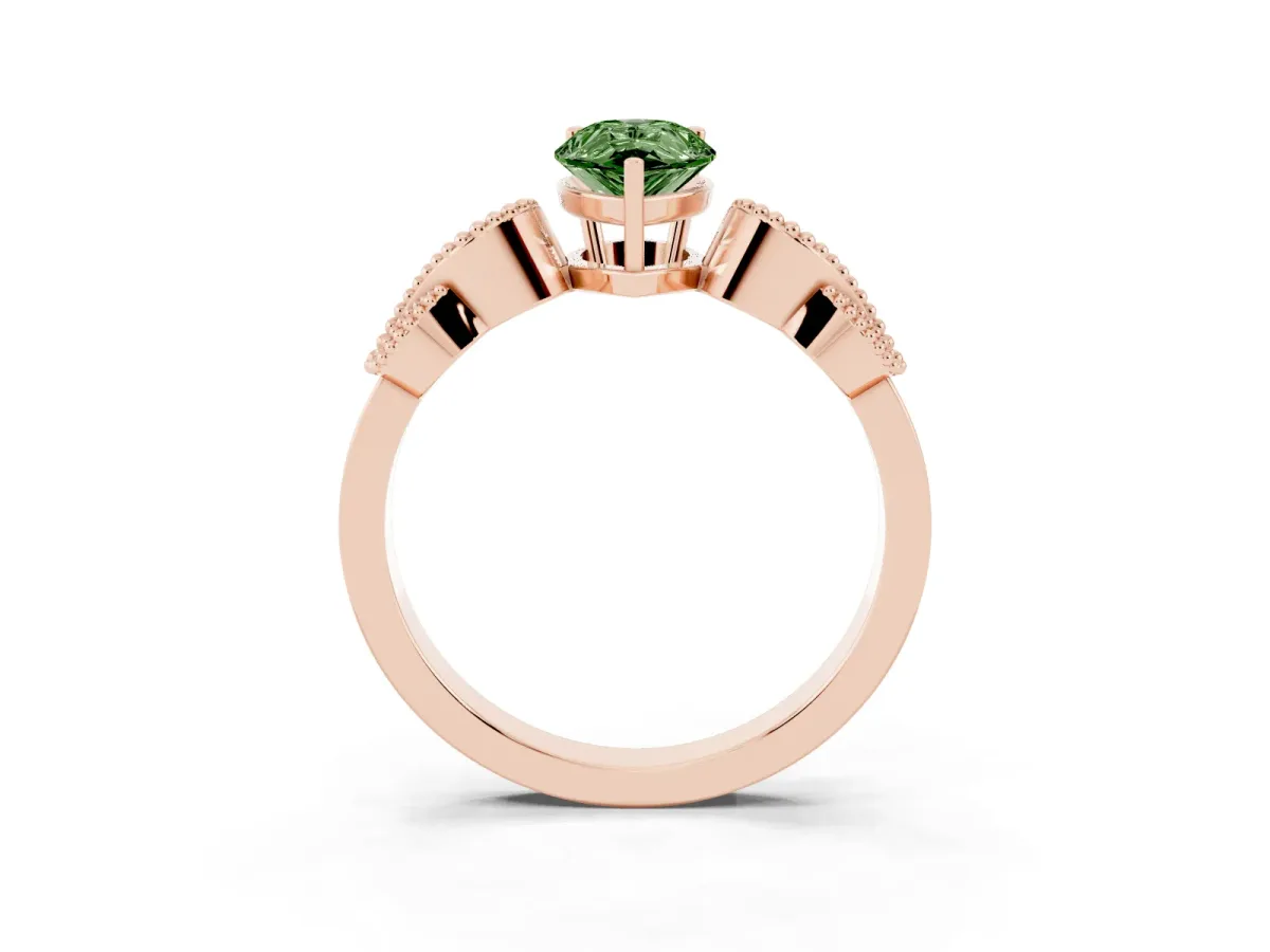 Fancy Green Pear Cut Solitaire Milgrain Leaf Band with Prong Setting Rose gold