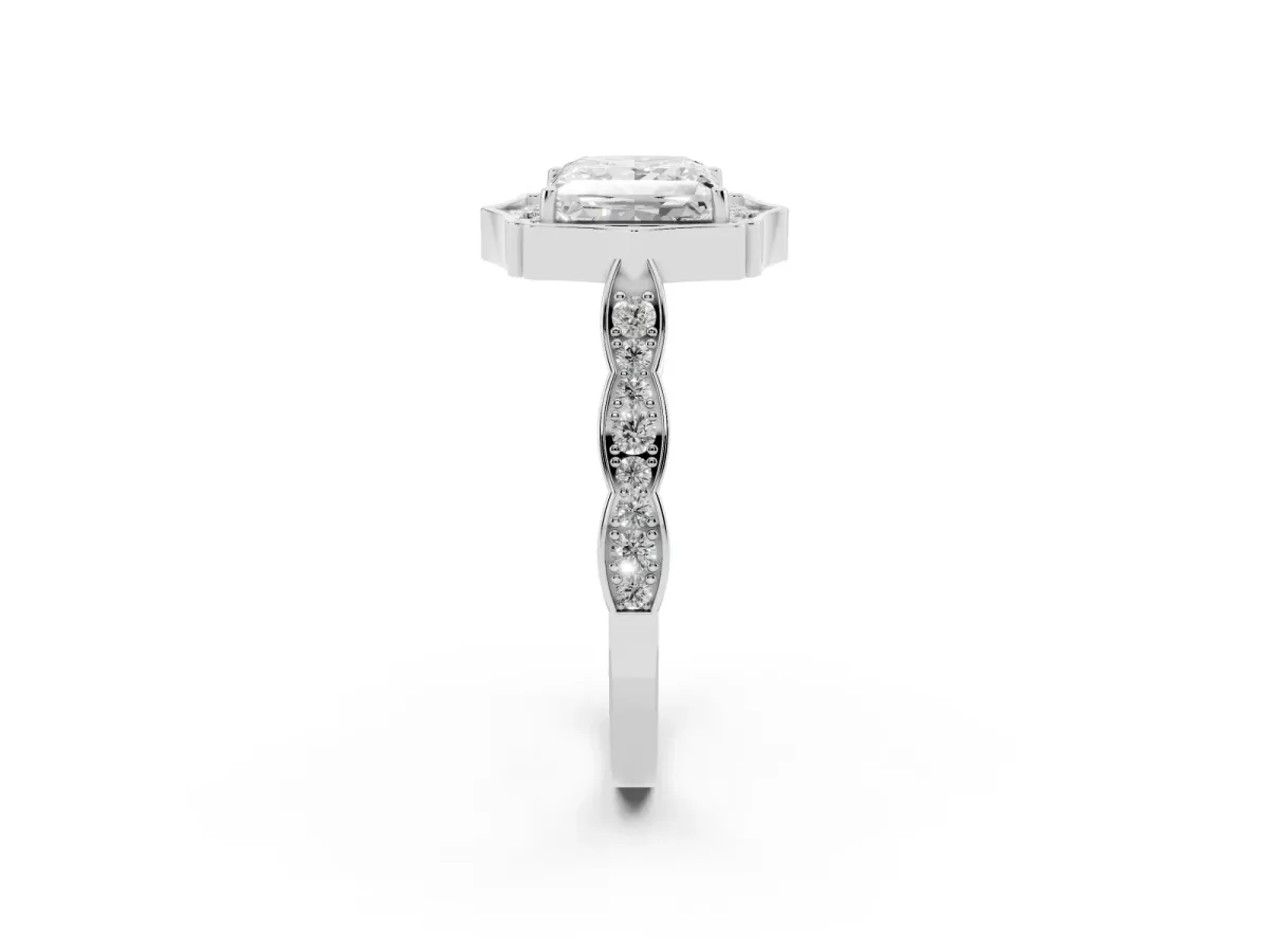 Princess Cut Halo Diamond Engagement Ring with Milgrain Band and Four-Prong Setting White gold