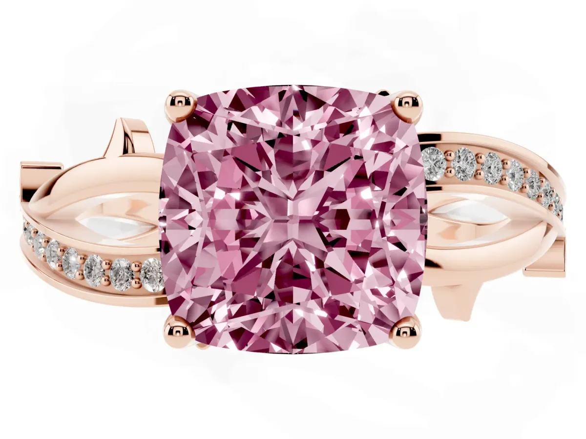 Fancy Pink Cushion Cut Solitaire Twist Band with Pavé Accents and Four-Prong Setting Rose gold