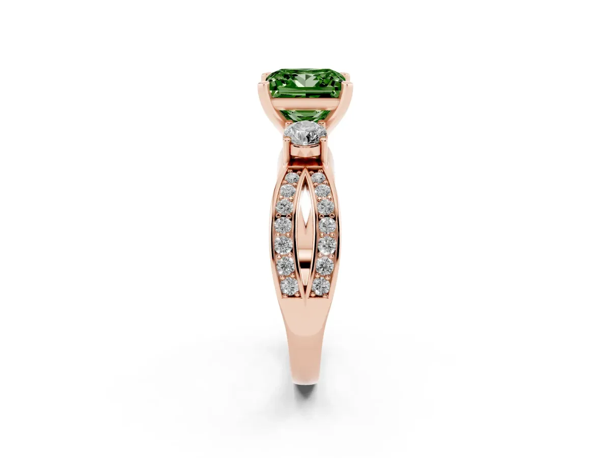 Fancy Green Three-Stone Princess Cut Cut Diamond Twist Band with Prong Setting Rose gold