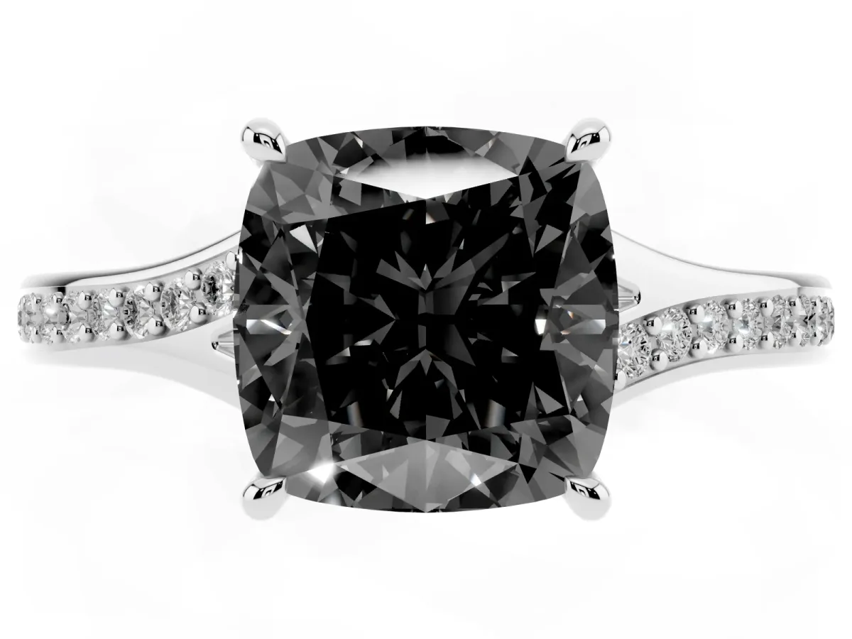 Fancy Black Cushion Cut Diamond Solitaire Ring with Pavé Band and Prong Setting Silver