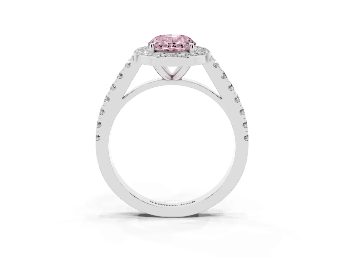 Fancy Pink Oval Cut Diamond Halo Ring with Round Pavé Split Shank and Prong Setting Silver
