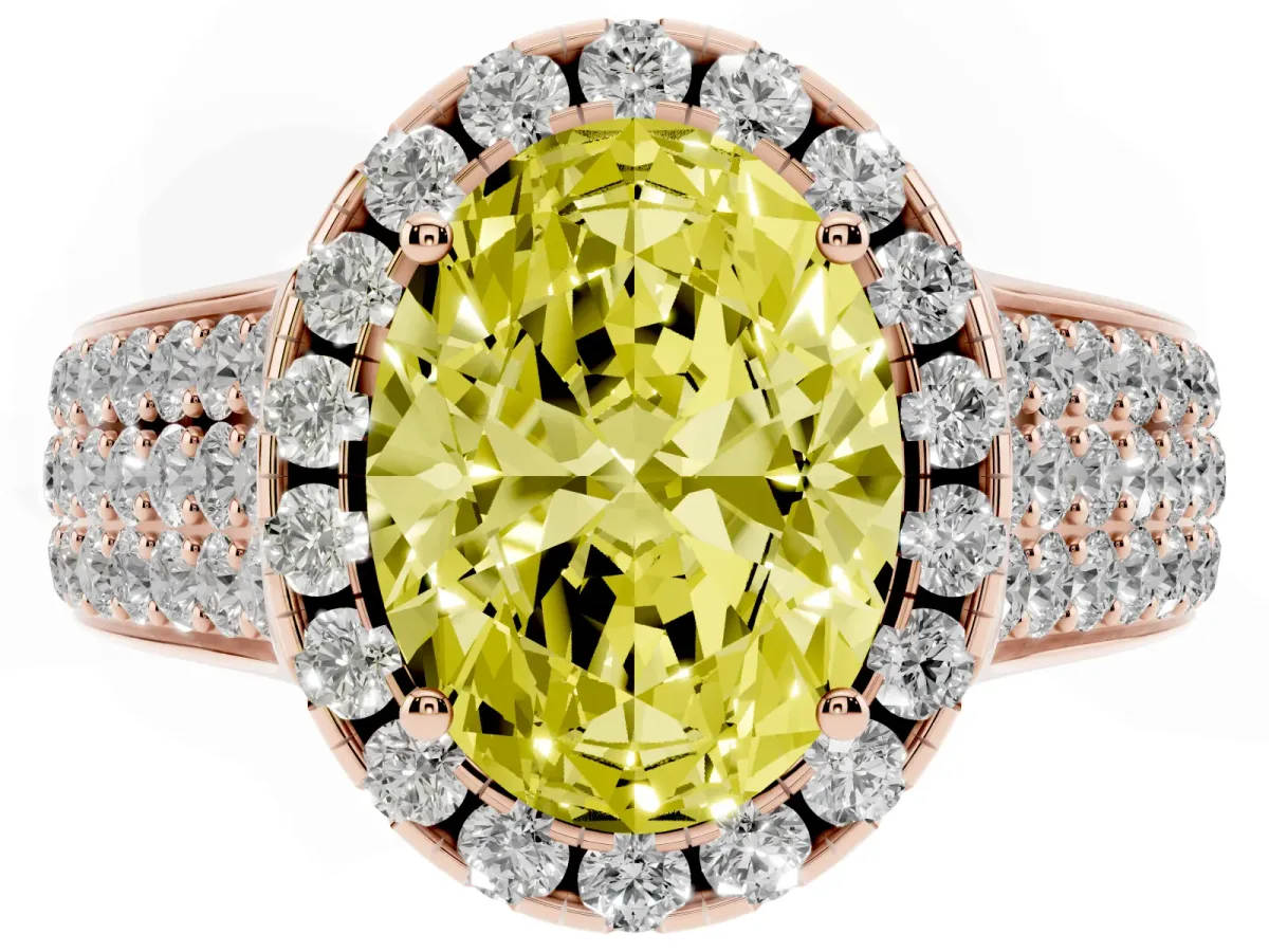 Fancy Yellow Oval Cut Halo Round Diamond Pave Band with Prong Setting Rose gold