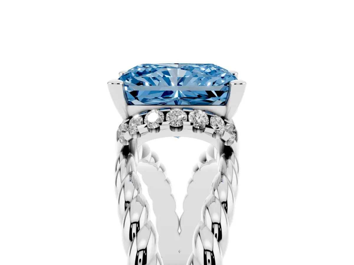 Fancy Blue Radiant Cut Halo Twisted Band Four-Prong Ring Silver