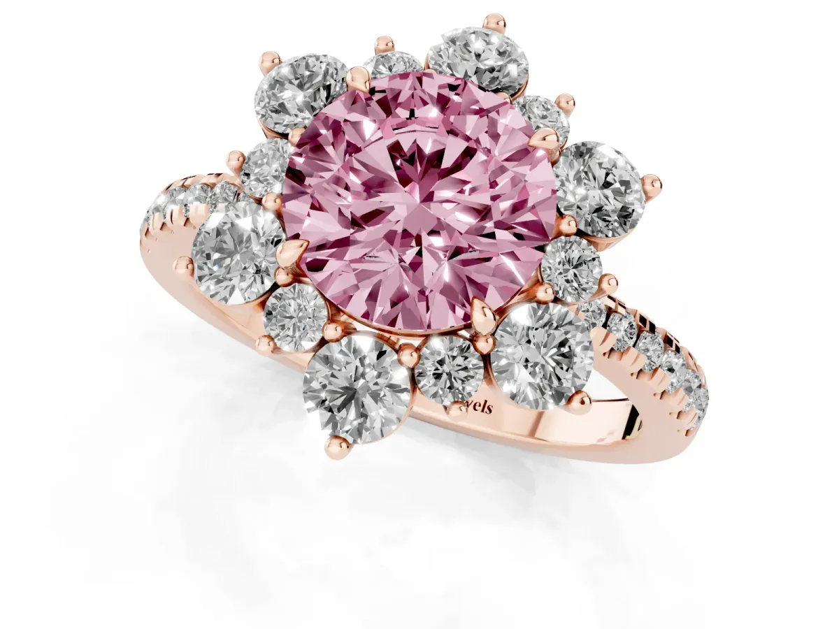 Fancy Pink Round Cut Diamond Floral Halo Ring with Round Pavé Band and Prong Setting Rose gold