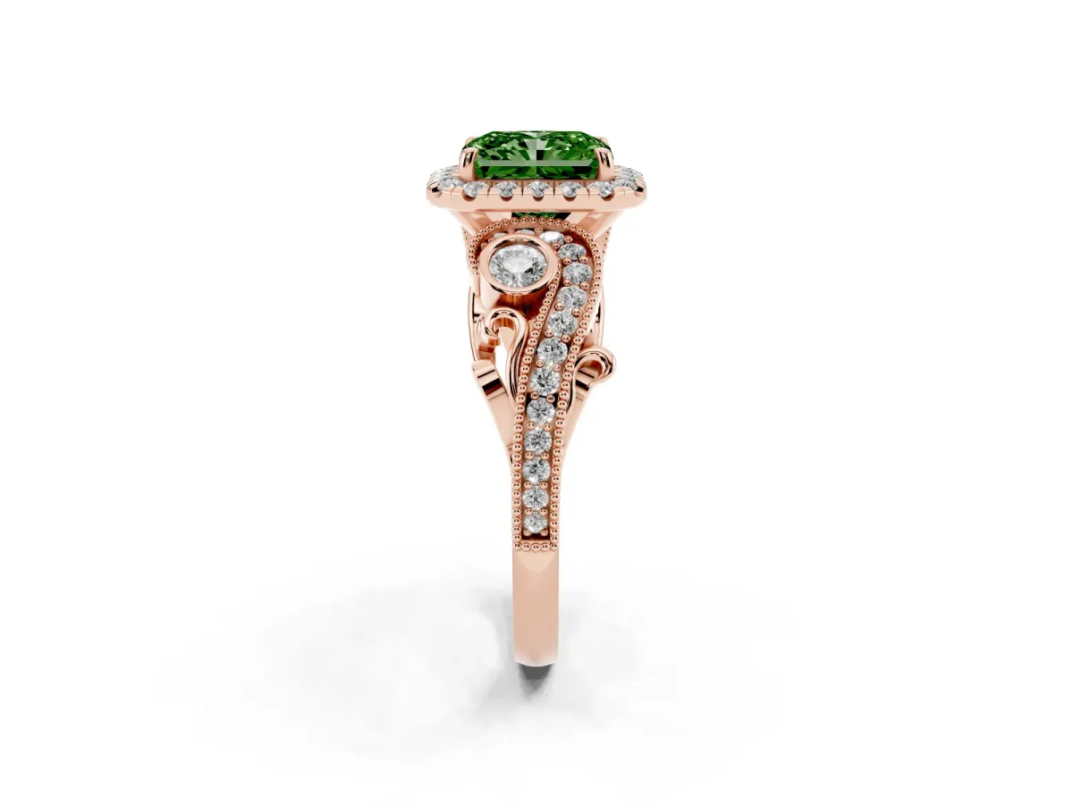 Fancy Green Radiant Cut Diamond Halo Ring with Milgrain Pavé Band and Four-Prong Setting Rose gold