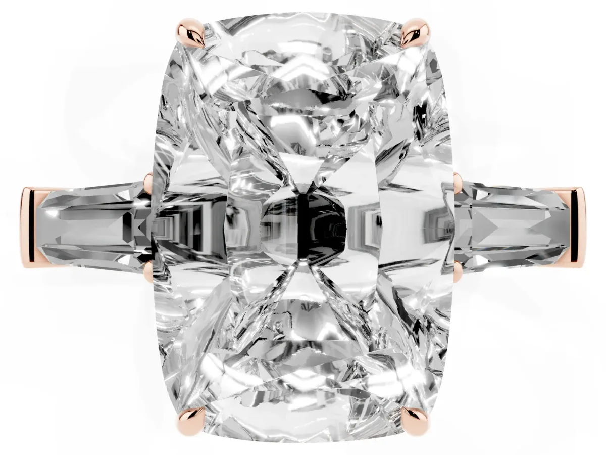 Old Mine Elongated Cushion Diamond with Side Tapered Baguette Three Stone Ring Rose gold