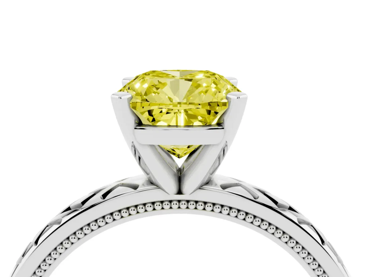 Fancy Yellow Cushion Cut Solitaire Diamond Ring with Milgrain and Black Enamel X Pattern Band Silver