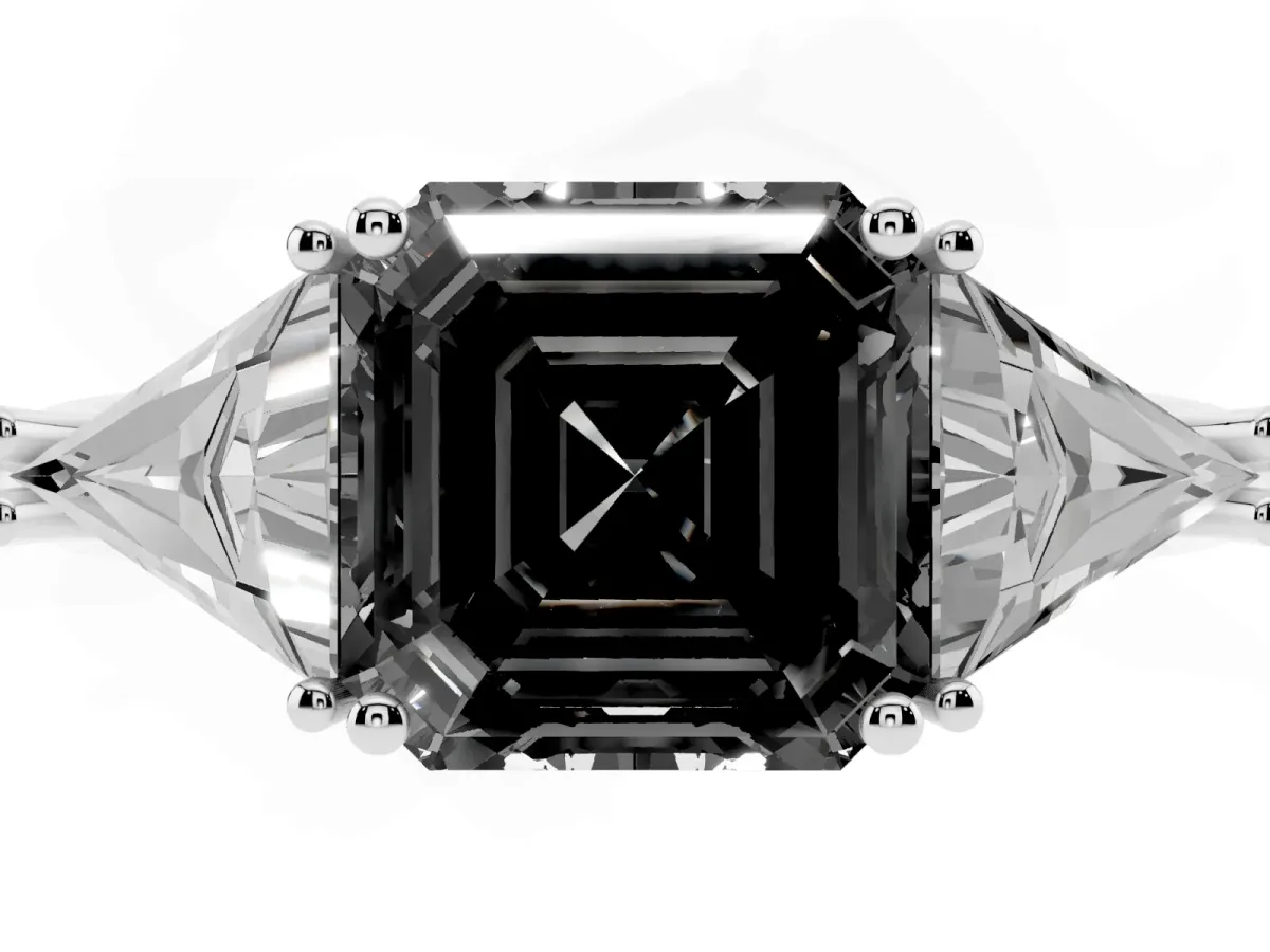 Fancy Black Three-Stone Asscher Cut Diamond Engagement Ring with Trillion Side Stones and Prong Setting Silver