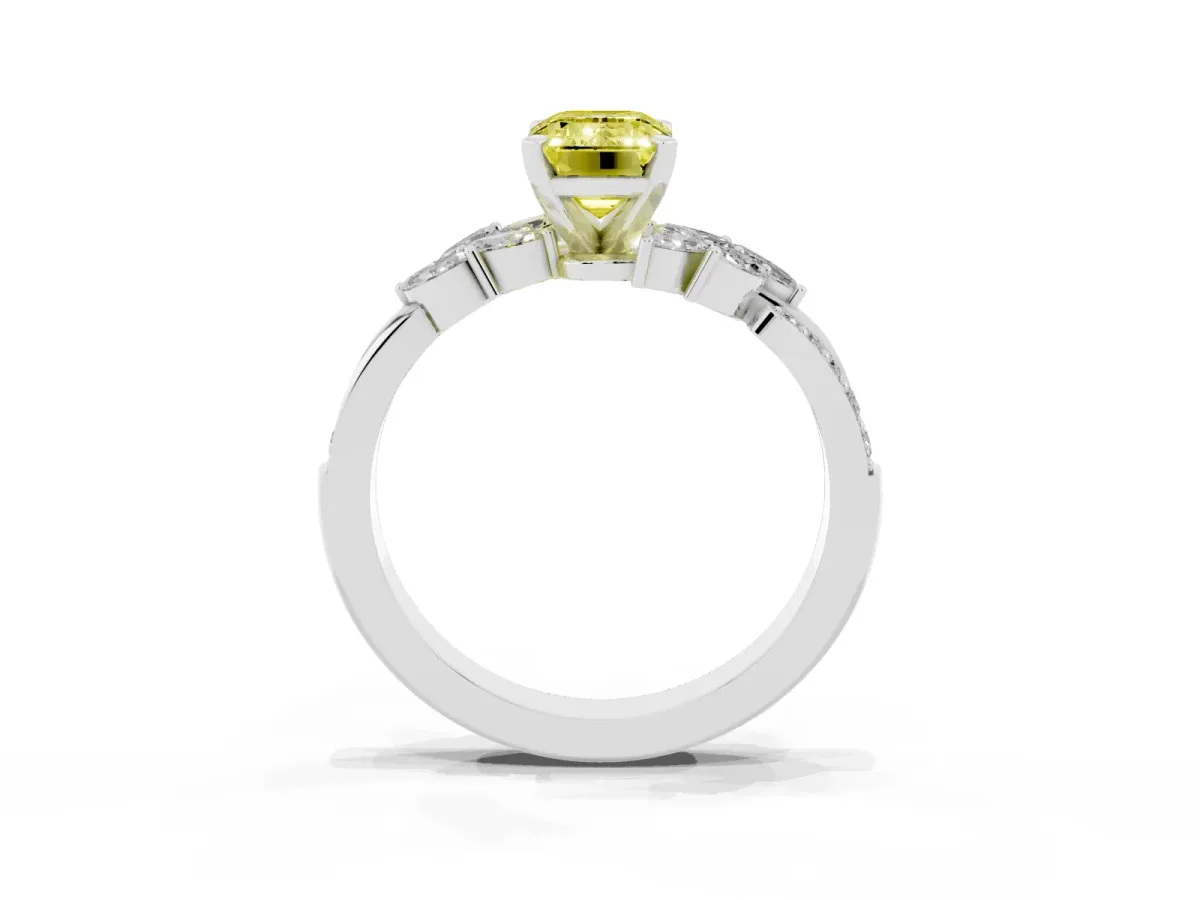 Fancy Yellow Emerald Cut Solitaire Marquise Twist Band with Six-Prong Setting Silver