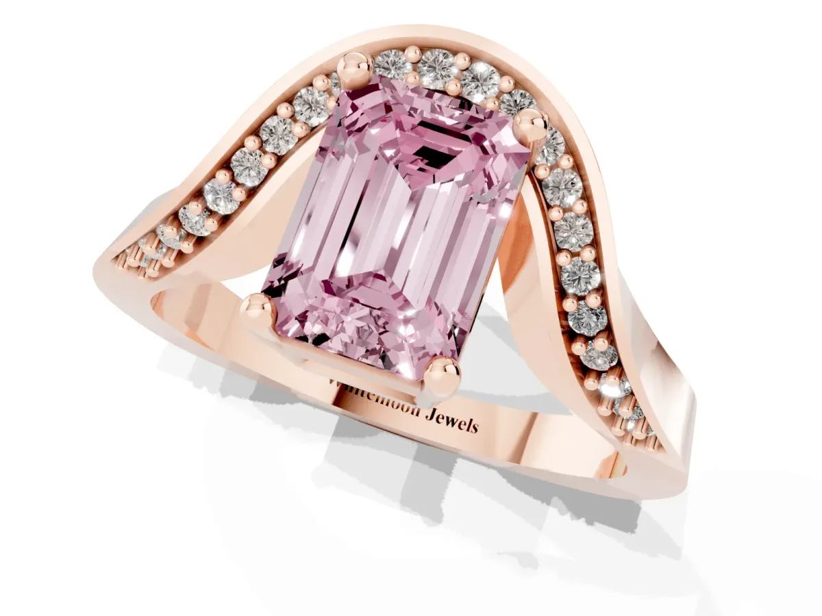 Fancy Pink Emerald Cut Solitaire Diamond Engagement Ring with Pave Band and Four-Prong Setting Rose gold