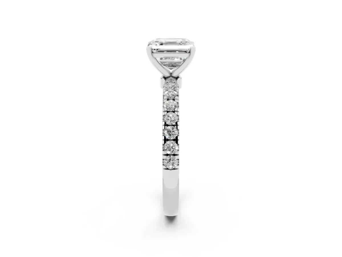 Asscher Cut Diamond Solitaire Ring with Pavé Accents and Four-Prong Setting Silver