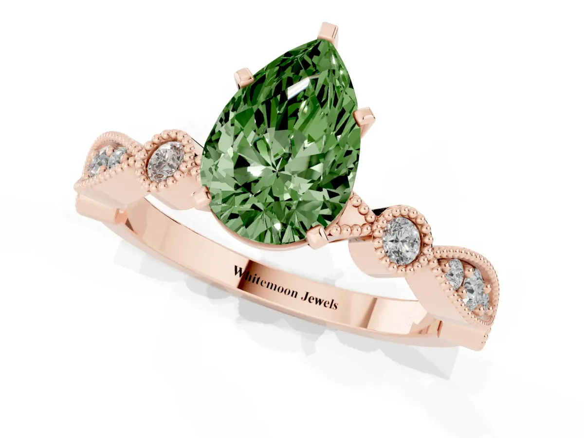 Fancy Green Pear Cut Milgrain Bezel Diamond Engagement Ring with Solitaire Prong Setting Rose gold