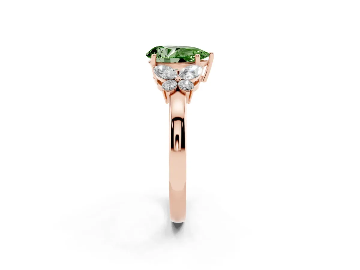 Fancy Green Pear Cut Cut Solitaire Floral Diamond Ring with Four-Prong Setting Rose gold