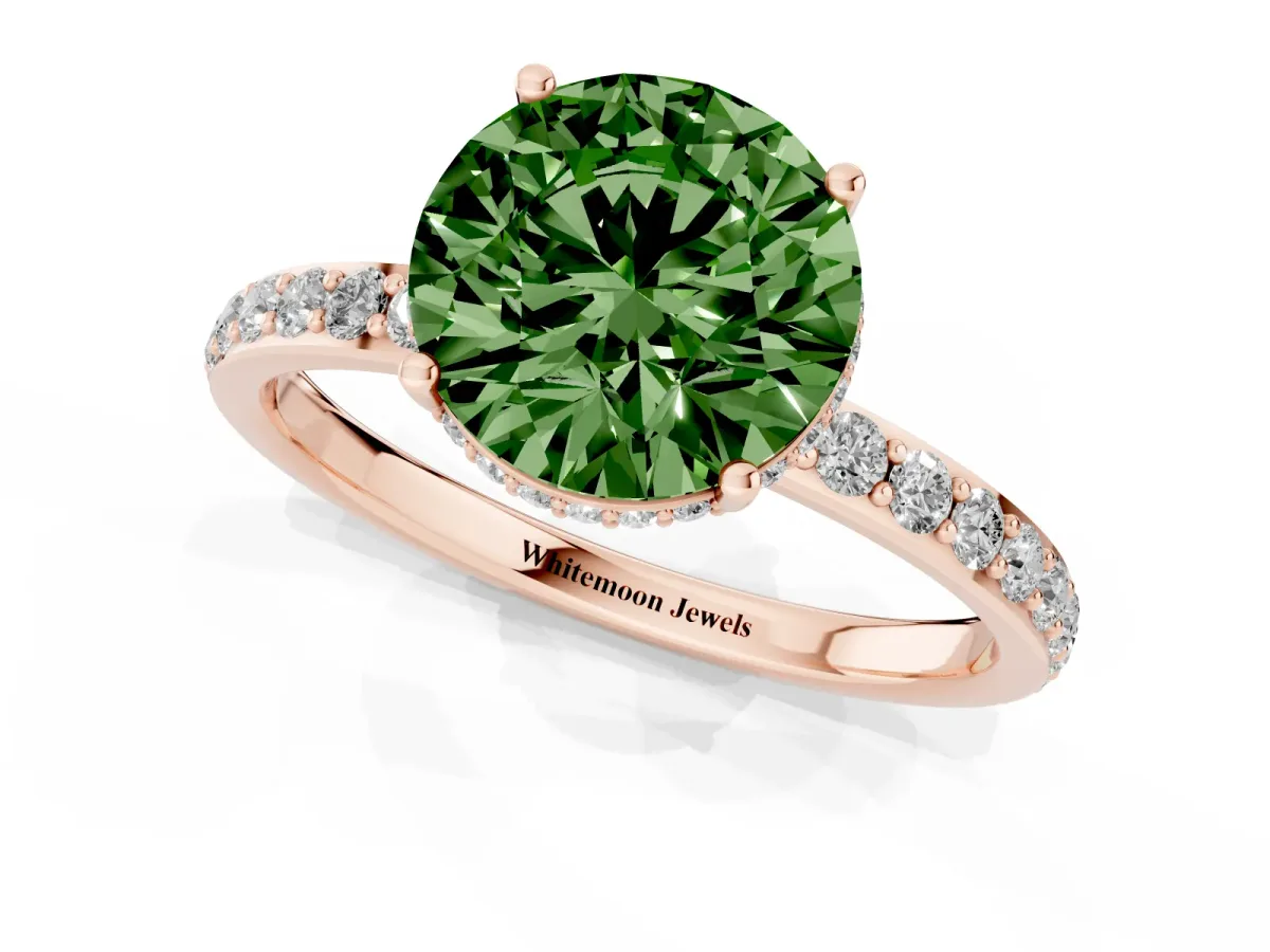 Fancy Green Round Cut Diamond Solitaire Ring with Pavé Band and Hidden Halo Rose gold