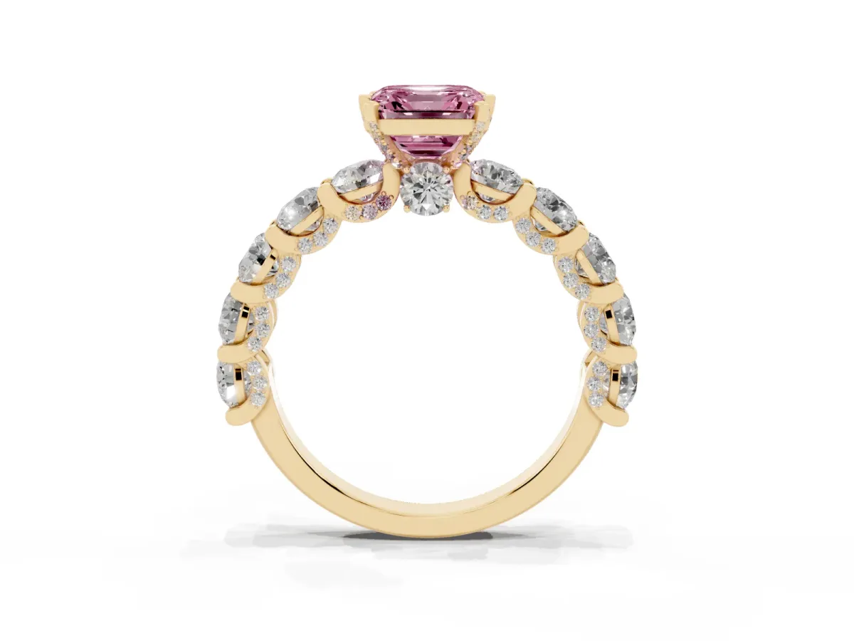 Fancy Pink Asscher Cut Diamond Side Stone Engagement Ring with Four-Prong Setting Yellow gold