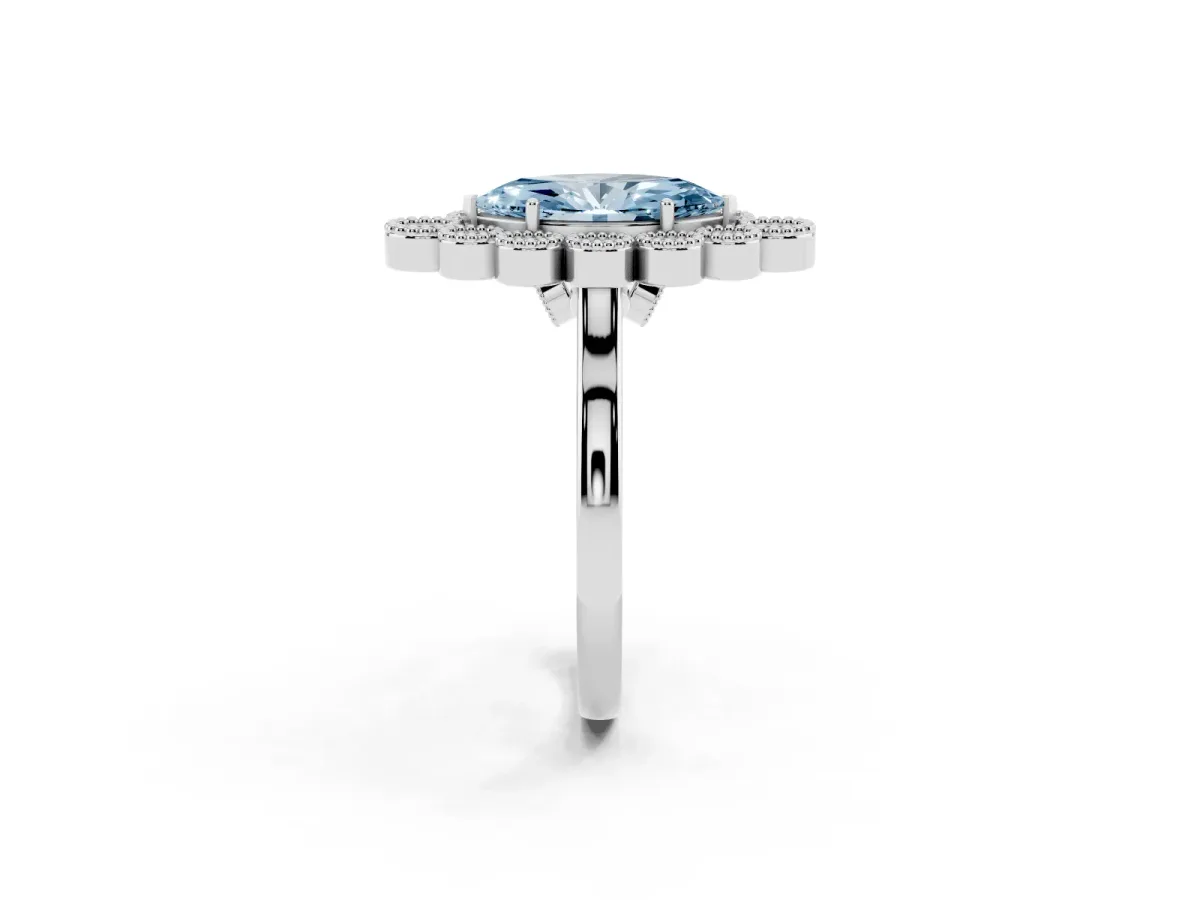 Fancy Blue Marquise Cut Halo Diamond Cluster Engagement Ring with Milgrain Bezel Setting and Solitaire Band Silver