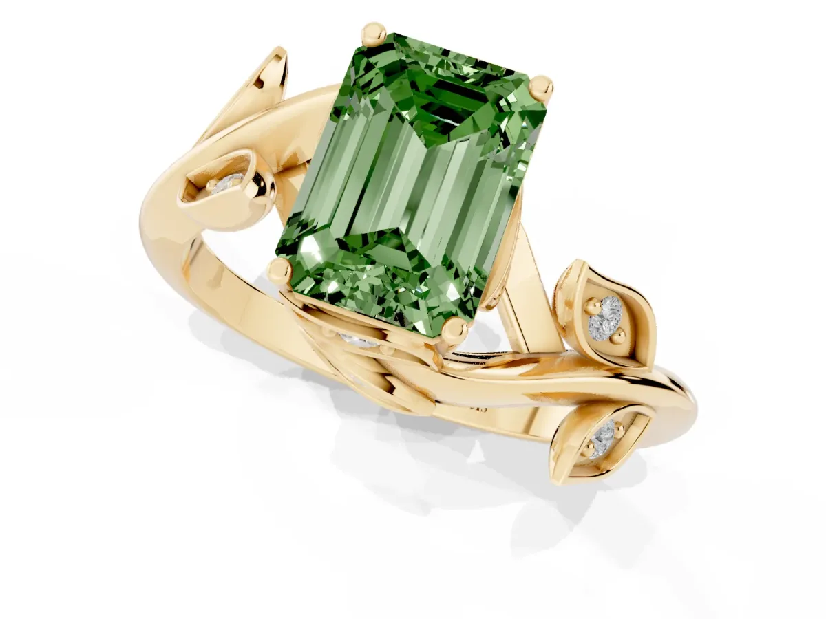 Fancy Green Emerald Cut Solitaire Twist Engagement Ring with Leaf Accents and Prong Setting Yellow gold