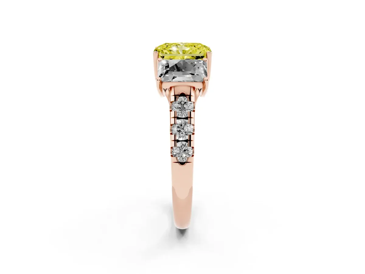 Fancy Yellow Three-Stone Radiant Cut Diamond Pavé Band with Prong Setting Rose gold