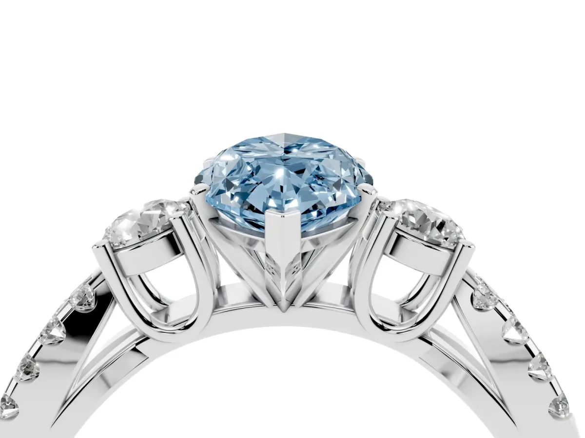 Fancy Blue Marquise Cut Diamond Three-Stone Ring with Pavé Split Shank and Four-Prong Setting White gold