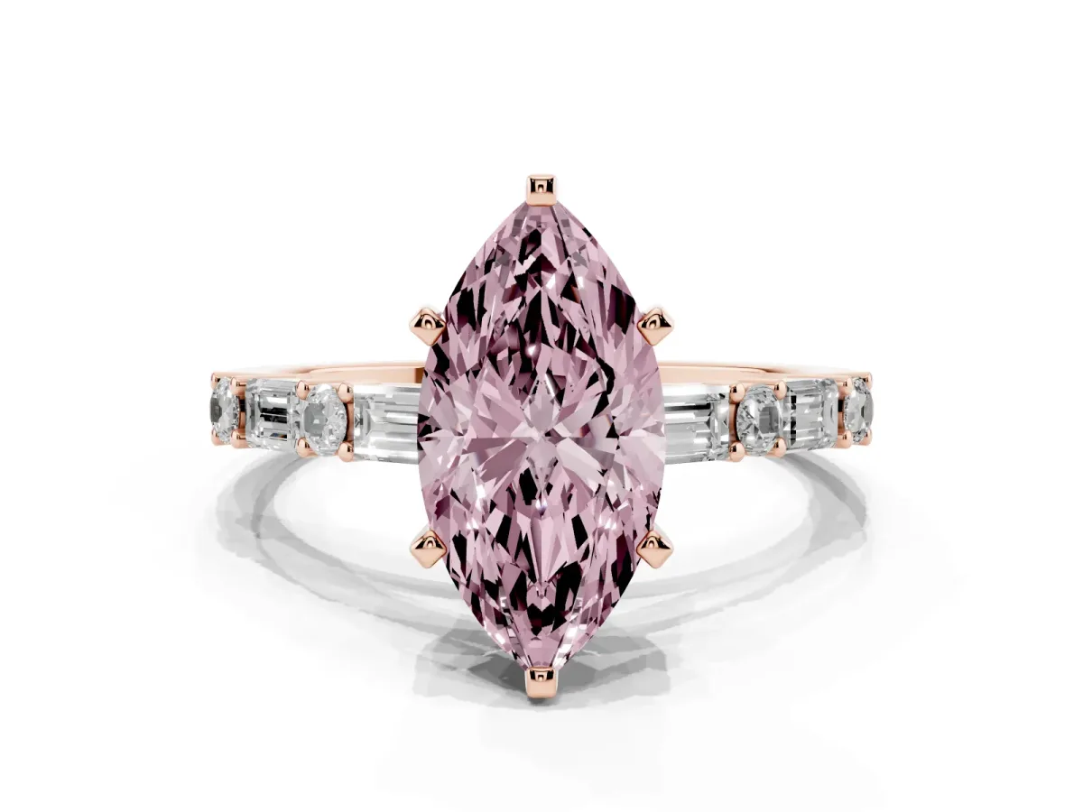 Fancy Pink Marquise Cut Diamond Solitaire with Side Baguettes and Channel Set Band Rose gold