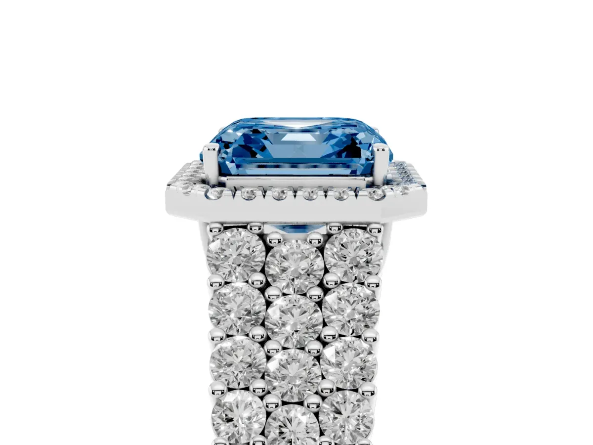Fancy Blue Asscher Cut Diamond Halo Engagement Ring with Triple Row Round Pavé Band and Prong Setting Platinum