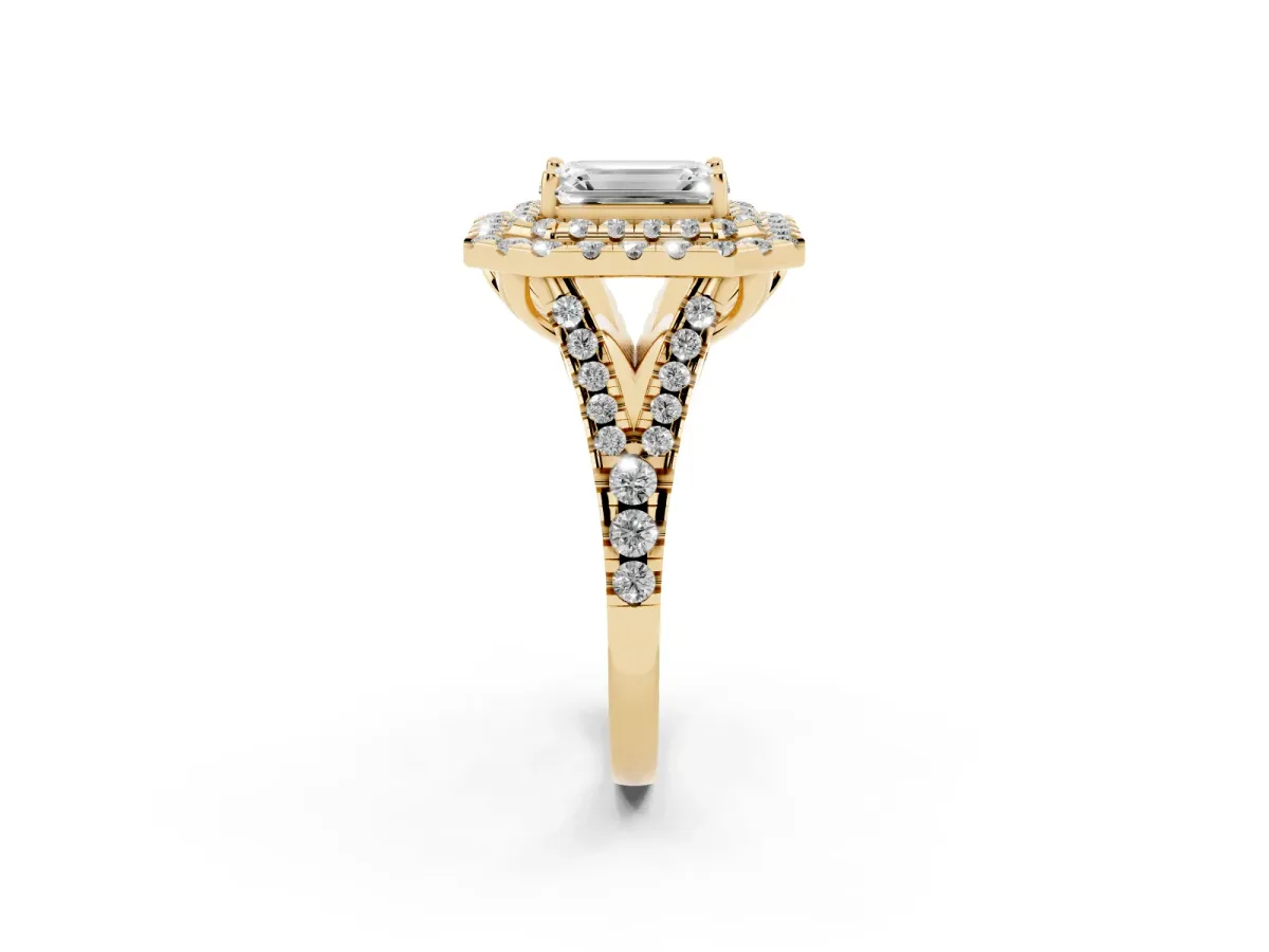 Double Halo Emerald Cut Diamond Pavé Split Shank Ring with Prong Setting Yellow gold