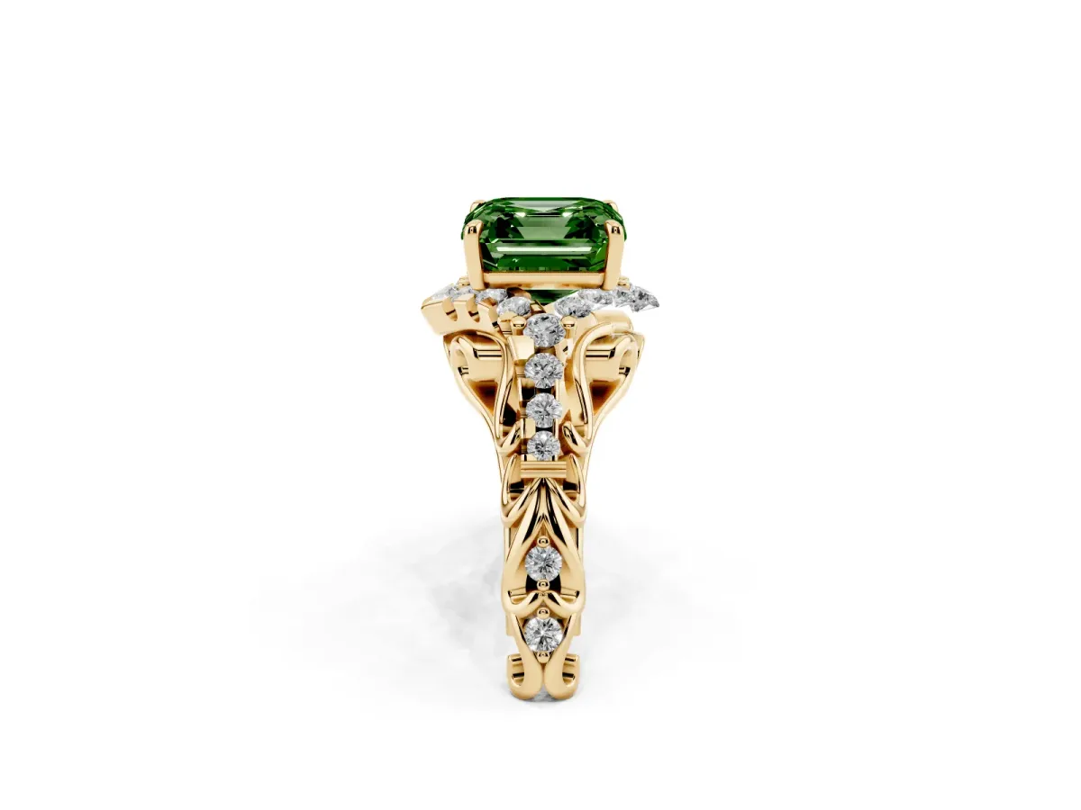 Fancy Green Asscher Cut Diamond Solitaire Ring with Hidden Halo and Pavé Band Yellow gold