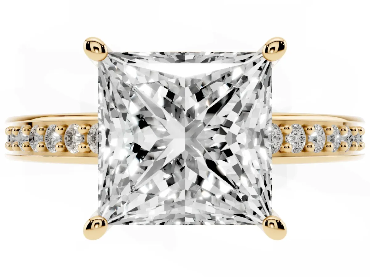 Princess Cut Solitaire Pavé Band Prong Setting Ring Yellow gold