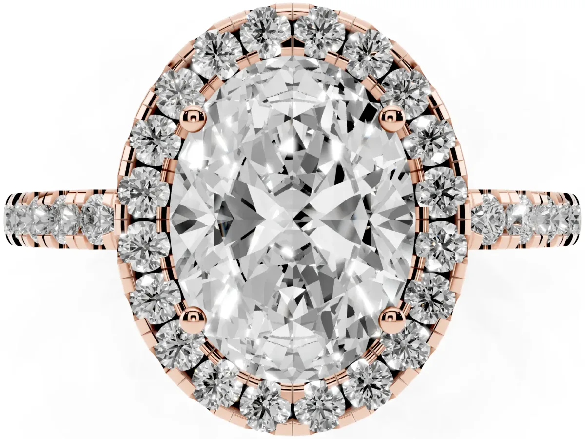 Oval Cut Halo Diamond Engagement Ring with Pavé Band and Four-Prong Setting Rose gold