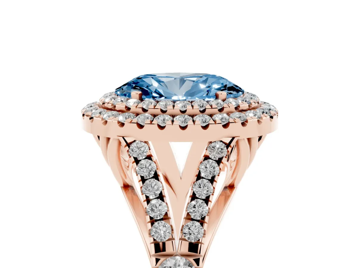 Fancy Blue Oval Cut Diamond Pavé Split Shank Double Halo Engagement Ring Rose gold