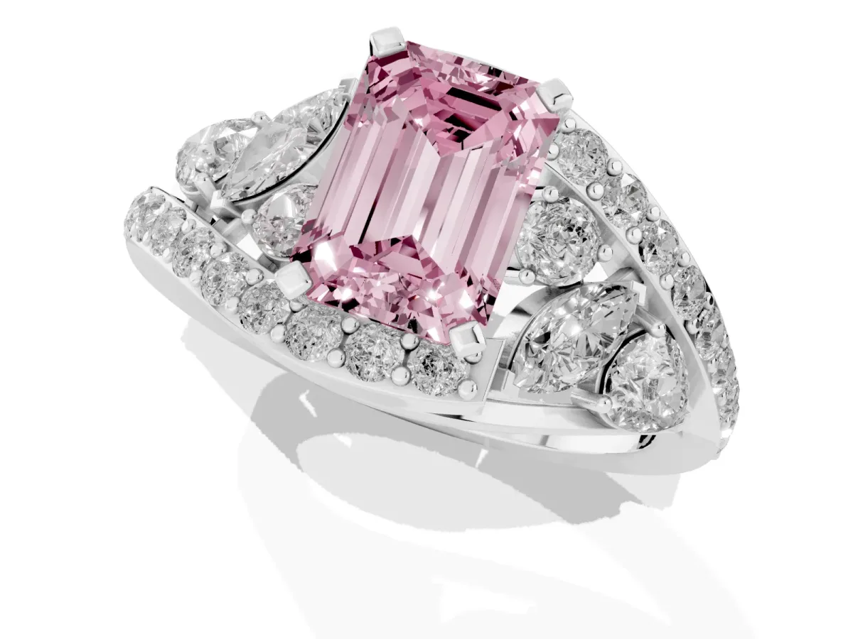 Fancy Pink Emerald Cut Diamond Halo Ring with Marquise and Pavé Band in Prong Setting Platinum