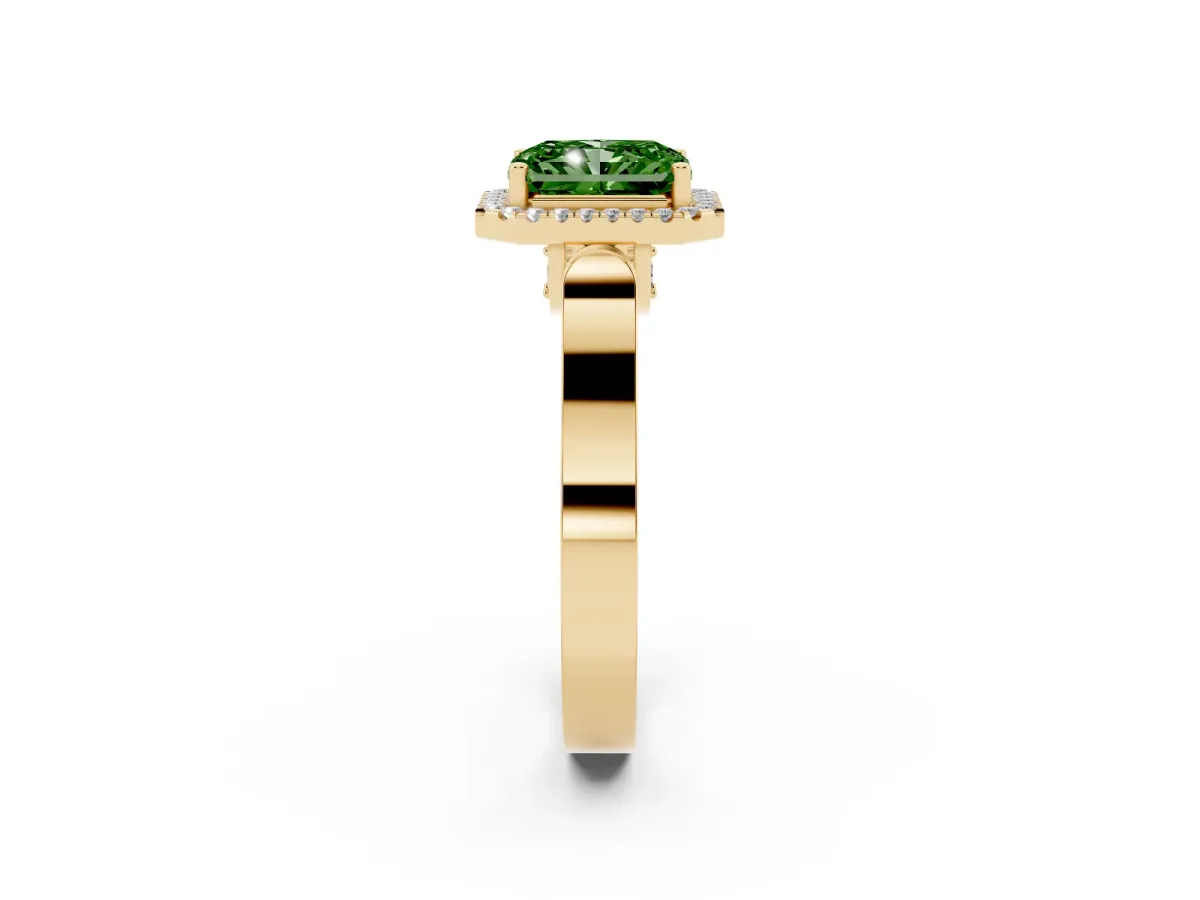 Fancy Green Radiant Cut Halo Round Diamond Twist Band with Four-Prong Setting Yellow gold