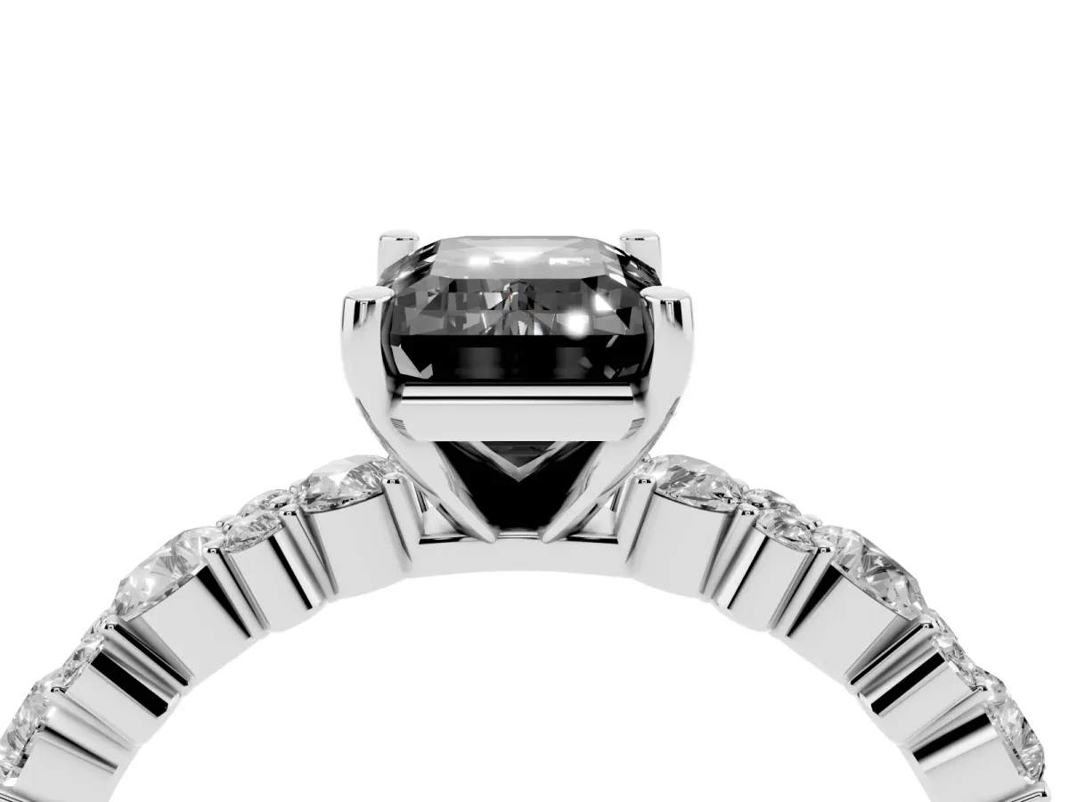 Fancy Black Emerald Cut Diamond Side Stone Solitaire Ring with Round and Four-Prong Setting Silver