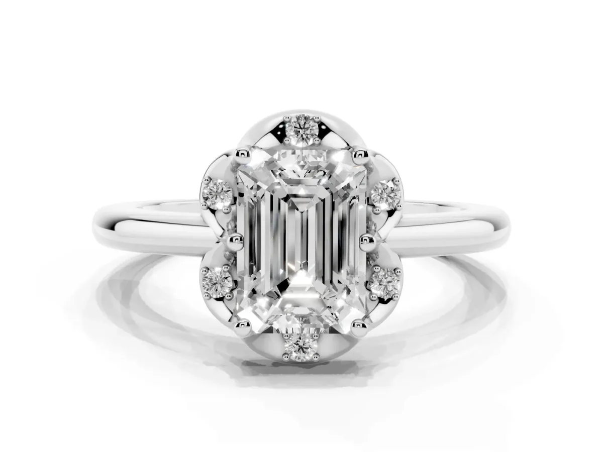 Emerald Cut Halo Diamond Ring with Round Cluster Setting, Solitaire Band, and Four-Prong Setting Silver