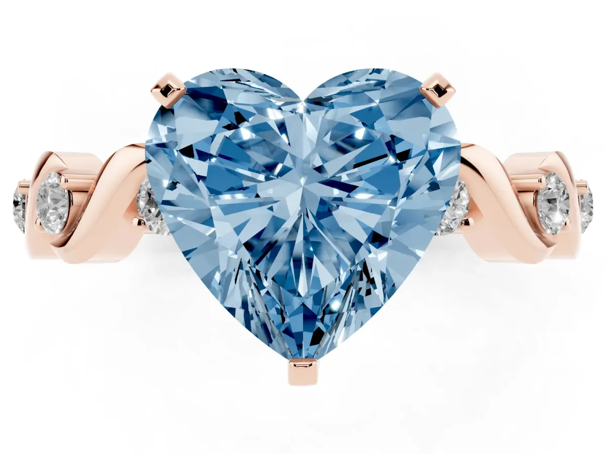 Fancy Blue Heart Cut Diamond Solitaire Twisted Band with Round Accents and Prong Setting Rose gold