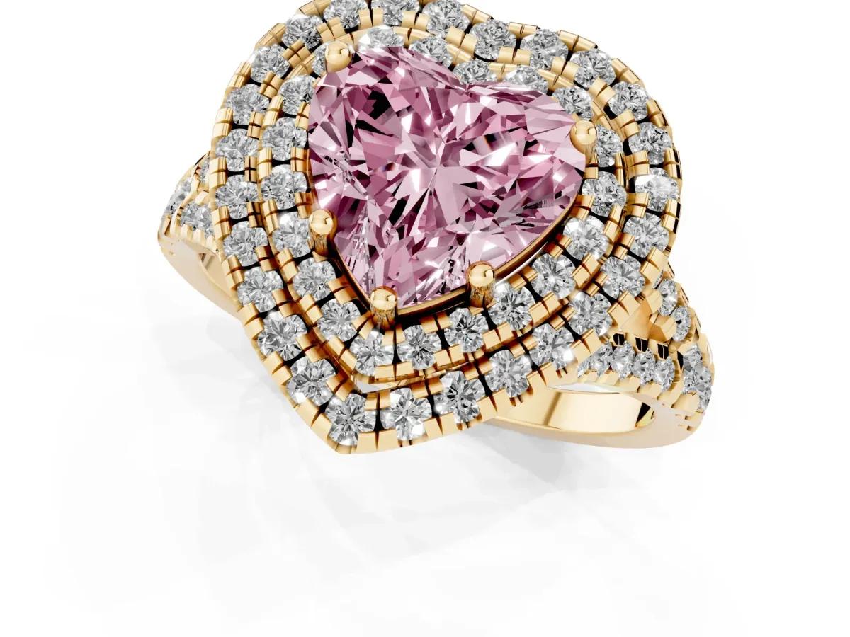 Fancy Pink Double Halo Heart Cut Diamond Pavé Split Shank Ring with Prong Setting Yellow gold